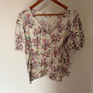 MELLODAY Floral Button-Down Blouse - Pink and Mint Womens Size Medium Shirt Top